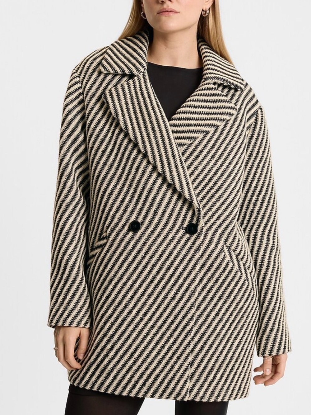 Express Black & Cream Diagonal Stripe Double-Breasted Pea Coat